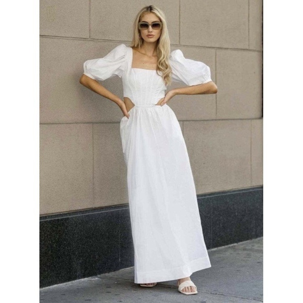 STAUD Astro Dress Women 00 White Square Neck Puff Sleeve Cutout Maxi Cottagecore